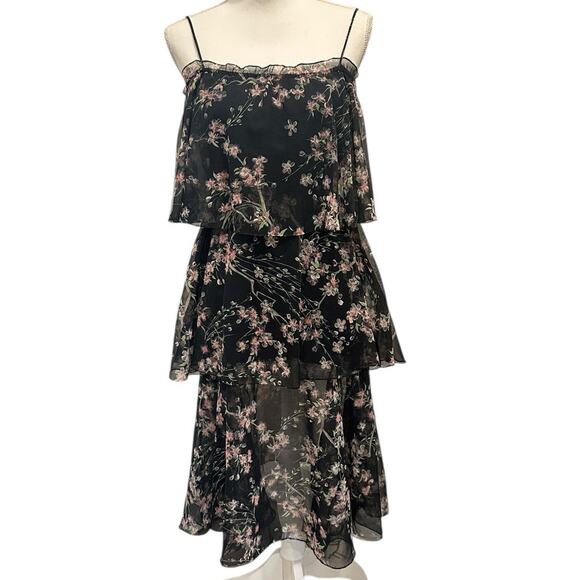 VTG 60-70s Black Chiffon Tiered Midi Dress Pink Floral Coquette Fairy Cottage XS - Picture 3 of 12
